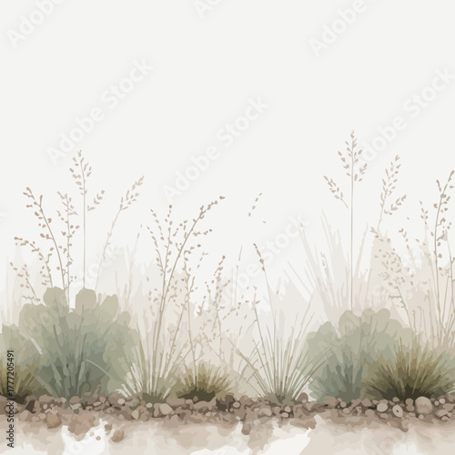 Watercolor wild grasses and plants on light background artwork