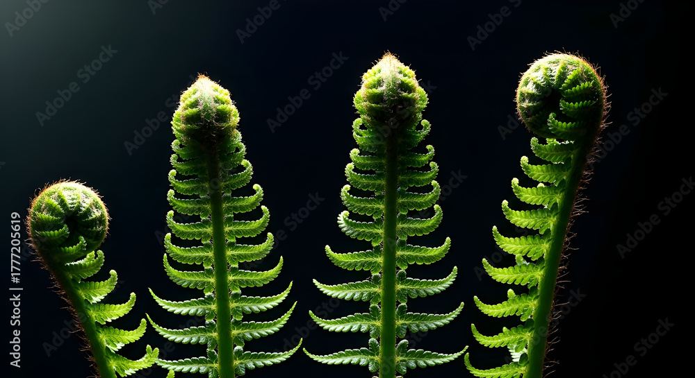Naklejka premium Closeup of unfurling fern fronds against a dark background, showcasing new life, growth, and the beauty of nature