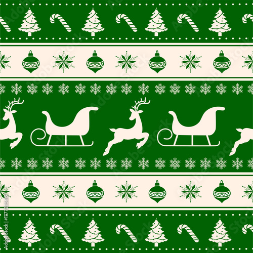 Classic green Christmas fair isle pattern with reindeer, sleigh, and snowflakes. Perfect for winter holiday textiles and festive decor.