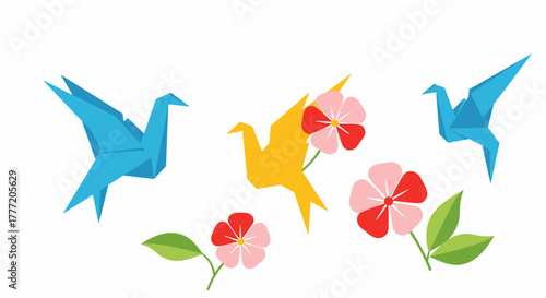 Colorful origami paper birds and flowers illustration set.