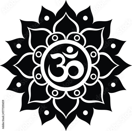 Sacred om symbol adorned with intricate rangoli pattern