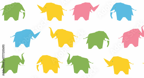 Colorful elephant silhouettes in a repeating seamless pattern.