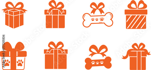 Pet gift box icons, dog bone with bow, paw print packaging, orange festive symbols, vector set for pet celebration, branding, decoration