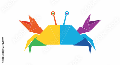 Colorful origami crab with vibrant geometric shapes and artistic design.