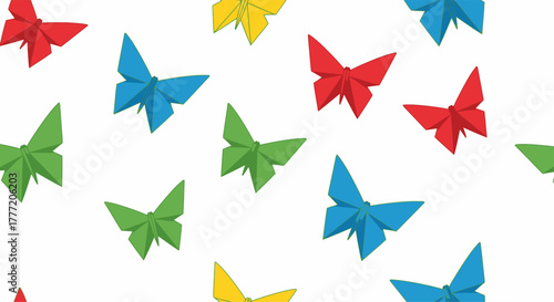 A vibrant pattern of colorful origami paper butterflies.