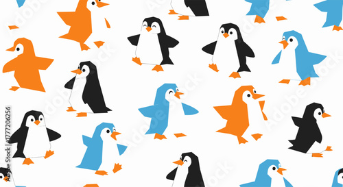 Colorful penguins in various poses on a white background, adorable and playful.