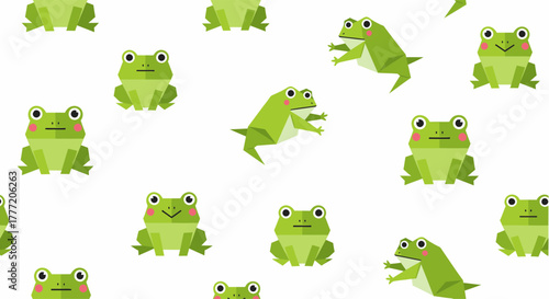 Seamless pattern of cute green cartoon frogs in different poses.