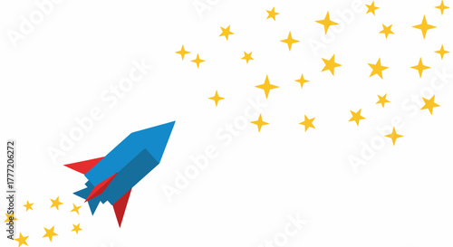 A geometric rocket ship blasting off into a starry sky.