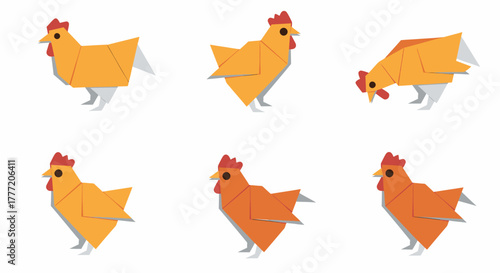 Set of six stylized geometric chickens in various poses.