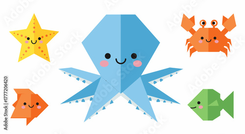 Cute Origami Sea Creatures Collection Featuring Octopus Starfish Crab Fish.