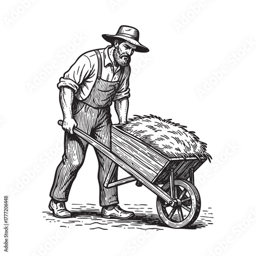 Farmer Wheelbarrow Engraving Vector Illustration