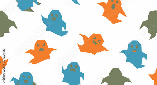 Colorful ghost pattern on white background for Halloween celebration.