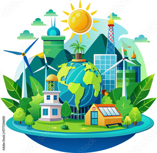 Illustration of renewable energy sources and nature