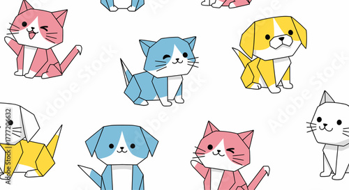Cute Origami Cats and Dogs Seamless Pattern Illustration.