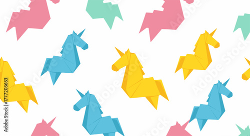 Colorful Origami Unicorns Seamless Pattern.