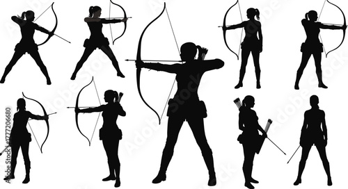 Archers silhouette vector, bow and arrow poses, traditional archery stances, black figures, sports training, hunting, medieval warriors, combat illustration