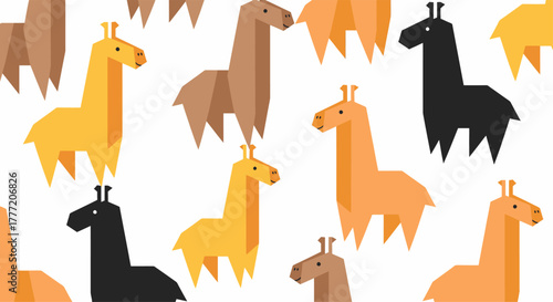 Colorful geometric llama and alpaca seamless pattern illustration.