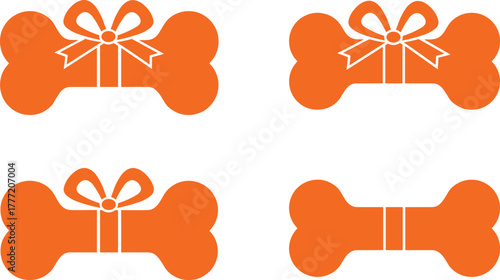 Orange dog bone icons with ribbon and bow, pet accessory vector set, decorative cartoon elements for animal care, gift, celebration, branding
