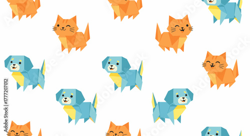 Cute cartoon dogs and cats in a playful and colorful seamless pattern.