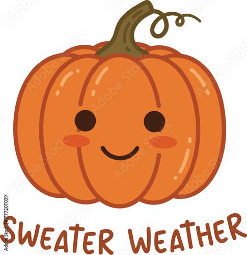 Cute pumpkin cartoon, autumn season vector, cozy fall illustration, sweater weather design, smiling face clipart, festive harvest icon, seasonal artwork