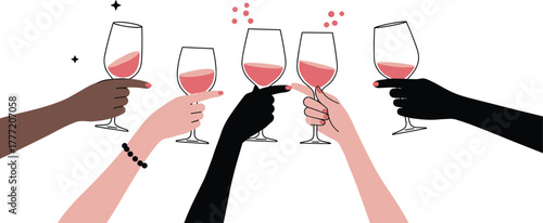 Diverse hands holding wine glasses, festive toast celebration, multicultural cheers, red wine party moment, unity and joy, elegant social gathering illustration