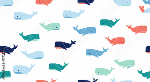 Colorful Whales Swimming in a Playful Underwater Pattern.