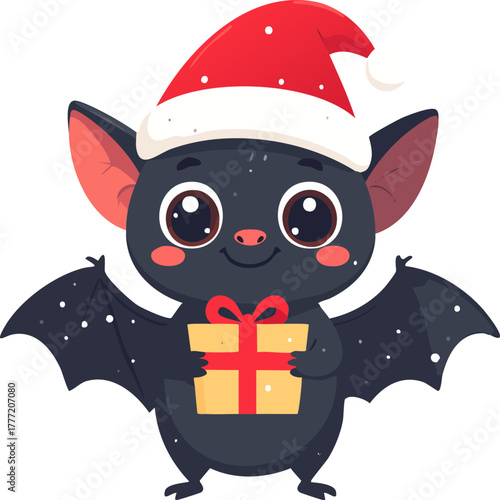 A cute cartoon bat wearing a red Santa hat holds a yellow Christmas present while smiling.