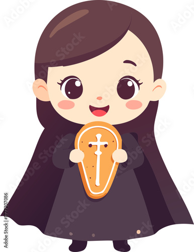 Cute cartoon girl dressed as a vampire holding a coffin-shaped cookie with a cross.