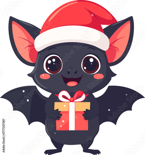 Cartoon bat wearing a Santa hat and holding a Christmas gift.