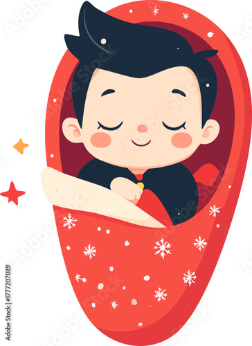 A cute cartoon baby boy sleeping peacefully in a red sleeping bag decorated with white snowflakes.
