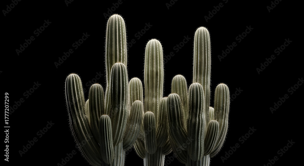 Obraz premium A cluster of saguaro cactus plants, isolated on black background, showcasing their unique shape and texture in a striking composition