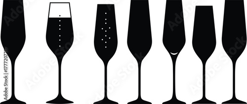 Champagne flute silhouettes, black wine glass icons, sparkling drink vector set, elegant toast elements, minimal celebration design, party clipart collection