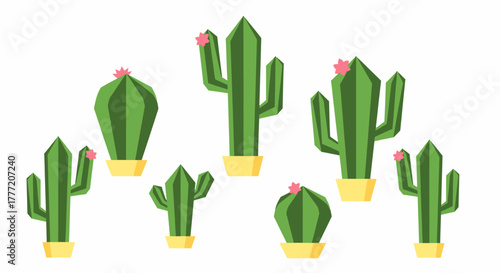 Collection of stylized cacti in pots, featuring geometric shapes and small pink flowers.