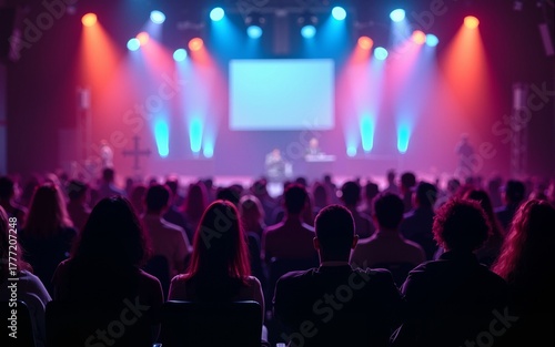 A large group of people sitting in front of a stage. Suitable for event, conference, or concert themes. High quality