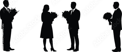 Formal ceremony silhouettes, people holding flower bouquets, elegant dress and suits, vector illustration for celebration, award, appreciation, greeting, or tribute scenes