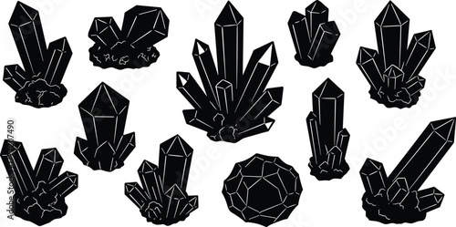 Black crystal icon set, geometric mineral shapes, faceted gemstone silhouettes, abstract crystal vector collection, polygonal crystal design, stylized crystal formations