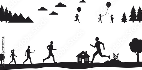 Outdoor silhouette scene, children playing, nature walk, forest trees, community activity, family fun, scenic landscape, black and white vector, peaceful environment