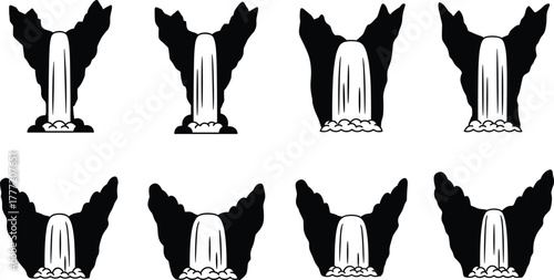 Waterfall vector illustration, stylized cascade design, rocky stream artwork, nature landscape icon, flowing water between cliffs, decorative nature scene for stock