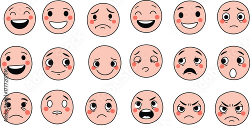 Cartoon emoticon faces, expressive character emotions, round cheeky avatars, kids emotion icons, vector illustration set for education, psychology, communication, design