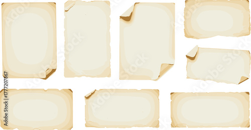 Vintage paper collection, aged parchment textures, torn edge backgrounds, curled corner sheets, antique scrapbook elements, old document overlays, retro design assets