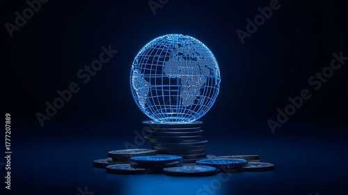 Luminous blue wireframe planet Earth model on a stack of money illustrating digital currency and international markets