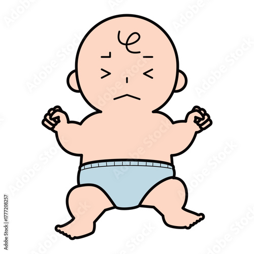 泣きそうなおむつ姿の赤ちゃん