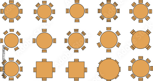 Top view restaurant table and chair set vector illustration, dining furniture layout design, round and square table arrangement for interior and floor plan