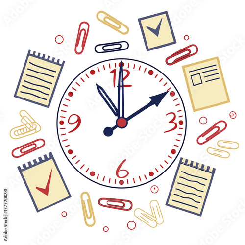 Clock made of office supplies and calendar elements.
