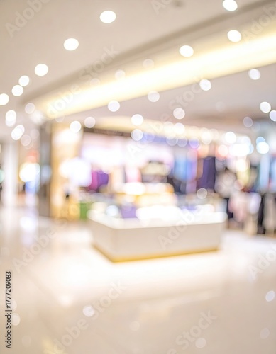 Blurred interior shot of a brightly lit shopping mall