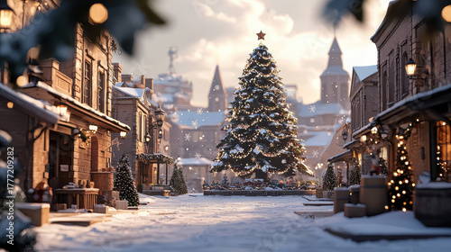 Winter wonderland christmas celebration quaint village square festive scene snowy environment serene viewpoint