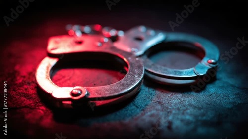 Close-up of metal handcuffs illuminated by red and blue light