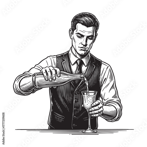 Bartender Pouring Cocktail Behind Bar Engraving Vector Illustration