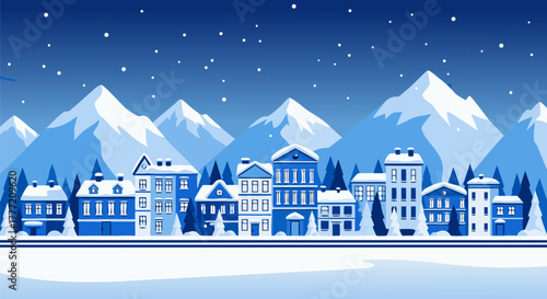 Winter Cityscape Snow-Covered Houses, Majestic Mountains, and a Tranquil Winter Scene