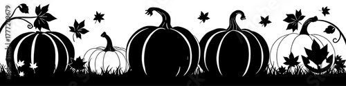 black and white silhouette of pumpkins and autumn leaves in a halloween or thanksgiving themed graphic. Vector stock.